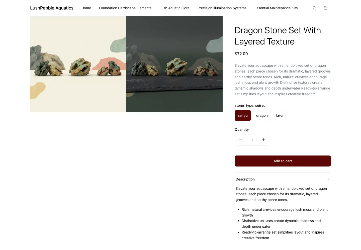 LushPebble Aquatics product page for a Dragon Stone Set with Layered Texture, $72, showing gray and ochre aquarium stones arranged on cream and dark slate backgrounds