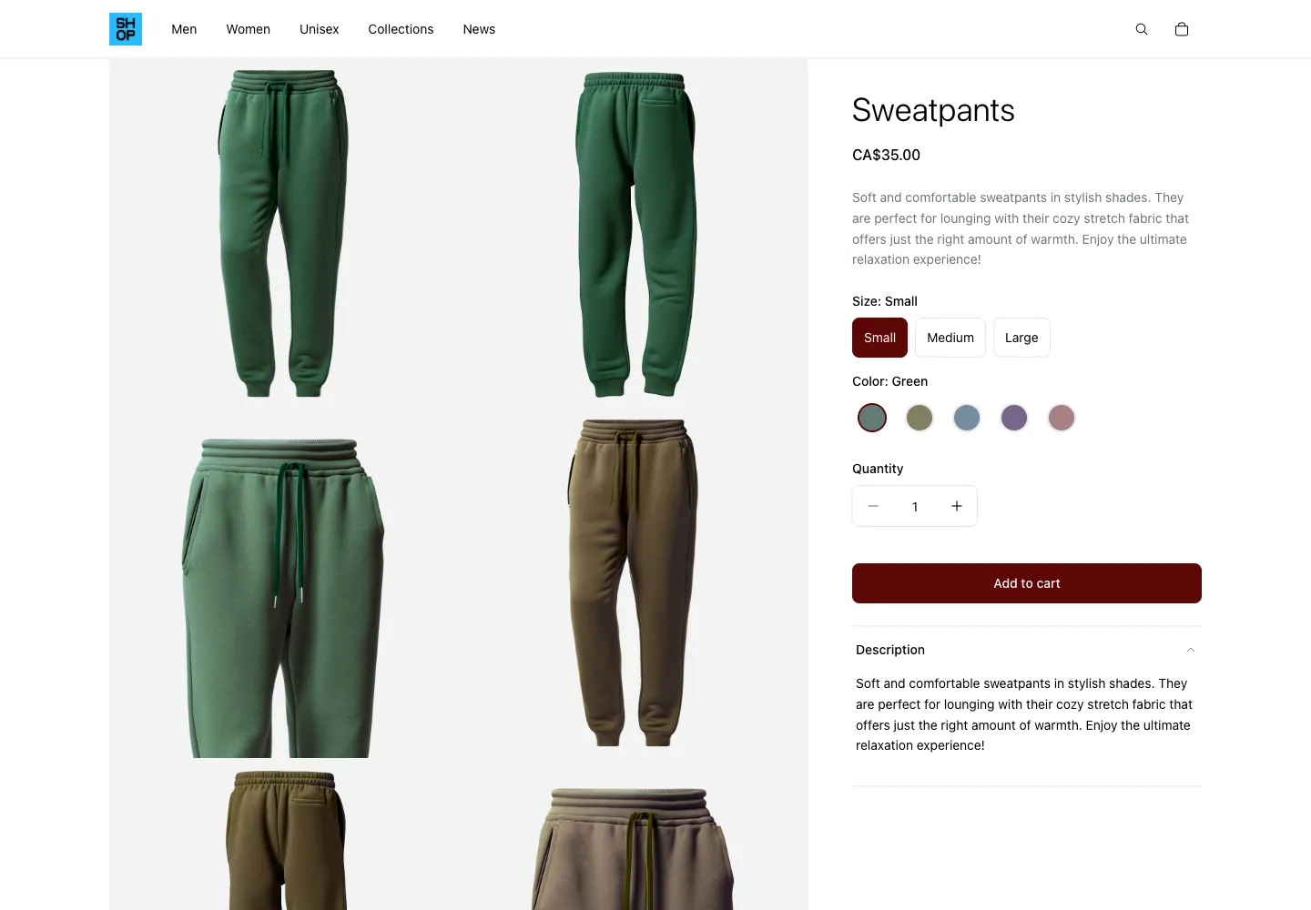 Mock.shop product page for Sweatpants showing size and color selectors, price CA$35.00, and multiple product images in green and taupe colorways