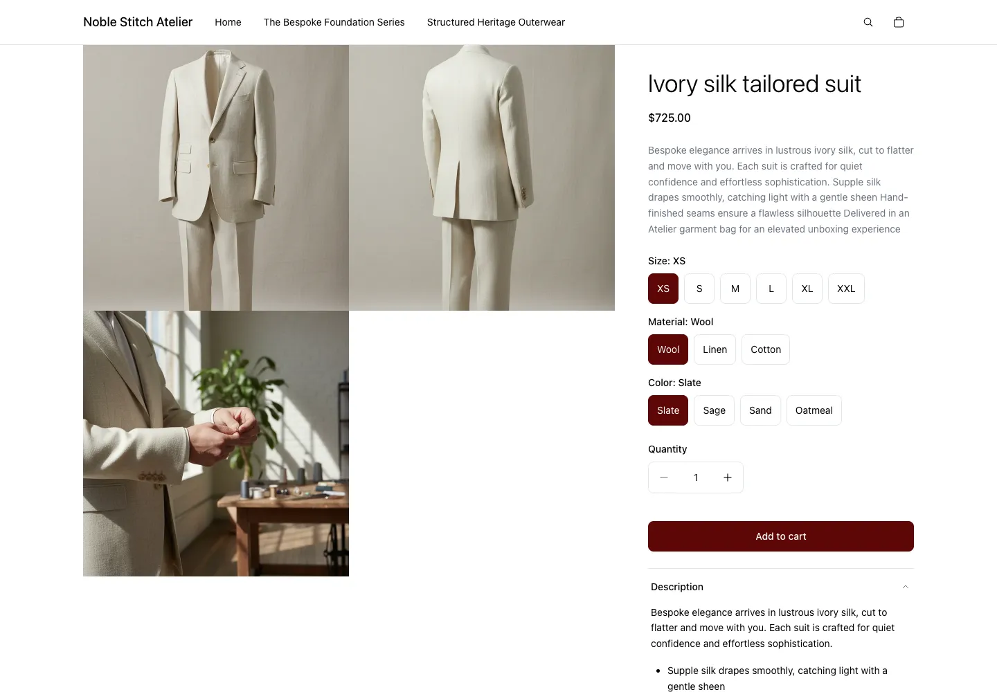 Noble Stitch Atelier's Ivory silk tailored suit product page with six sizes, three materials, and four colors to choose from.