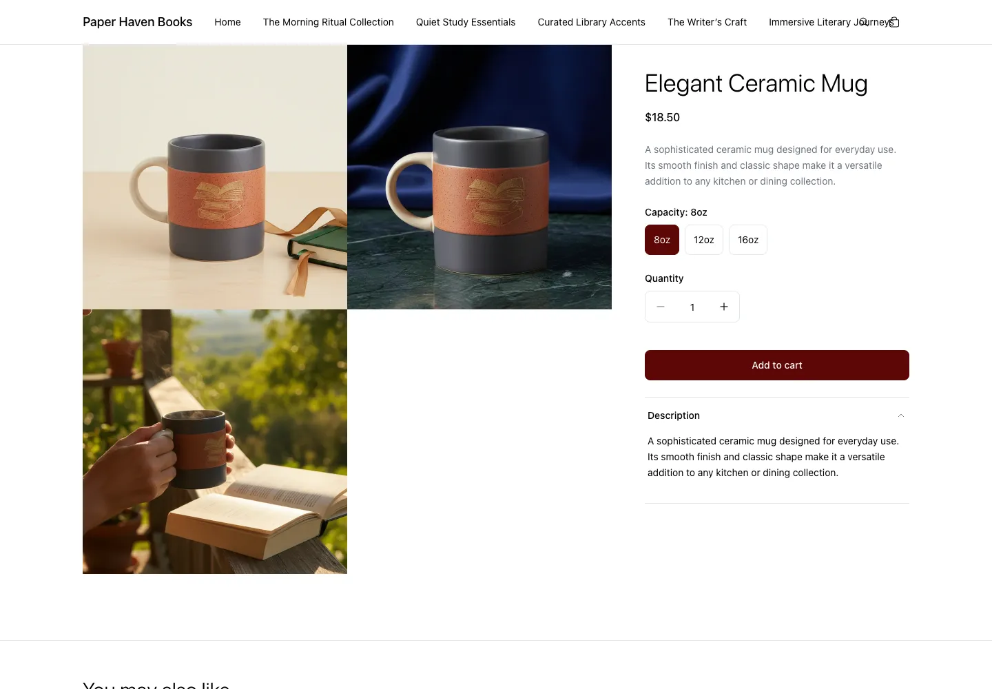 Paper Haven Books product page for an elegant ceramic mug with book-stack illustration, $18.50, with studio shots on cream and marble and a person reading outdoors