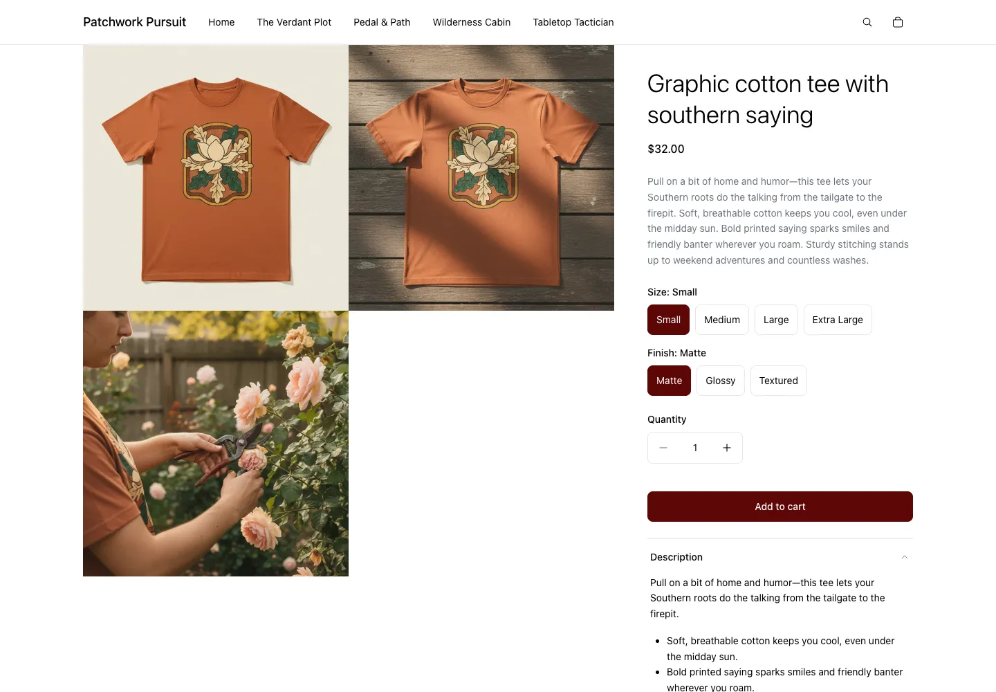 Graphic cotton tee with southern saying product page on Patchwork Pursuit, showing rust-orange tee with botanical magnolia graphic, size and finish selectors