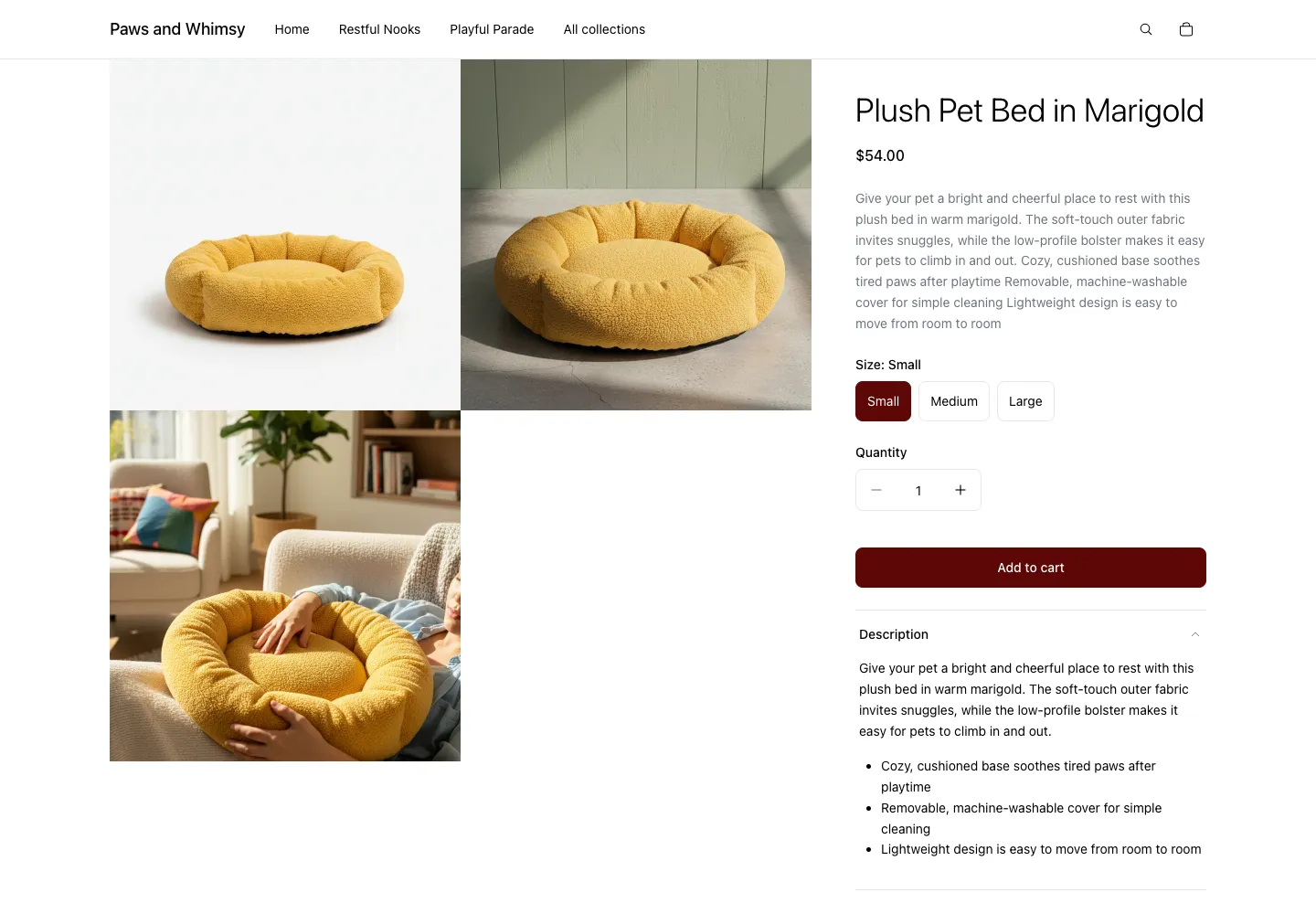Paws and Whimsy product page for Plush Pet Bed in Marigold showing size selector, price $54.00, with product and lifestyle images of a round yellow plush pet bed