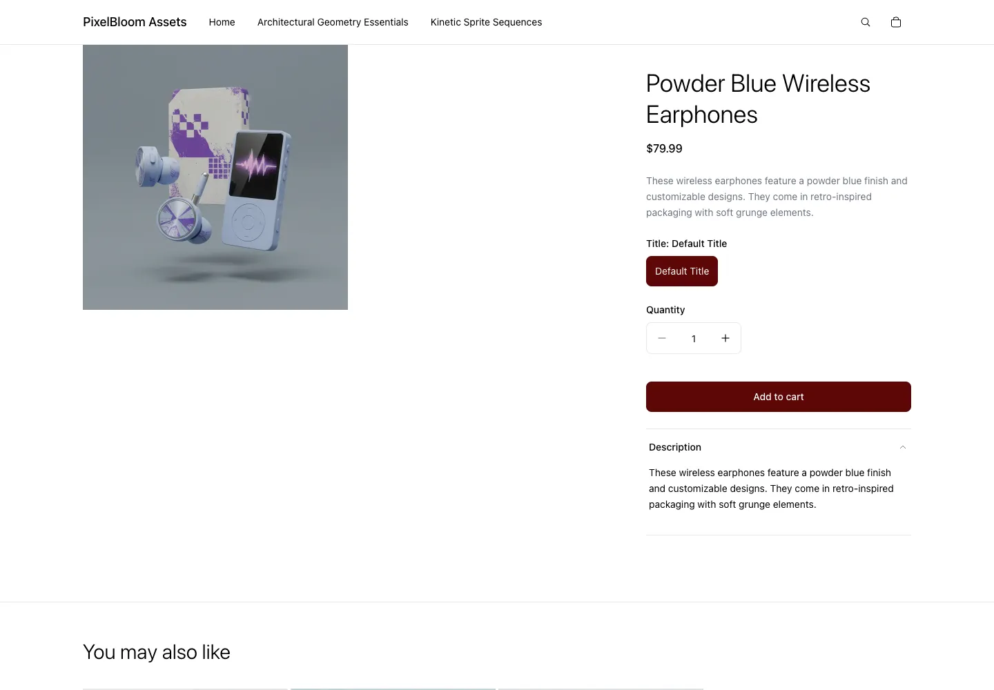 PixelBloom Assets’ Powder Blue Wireless Earphones with a product image, a Default Title option, a price, and an Add to cart button.