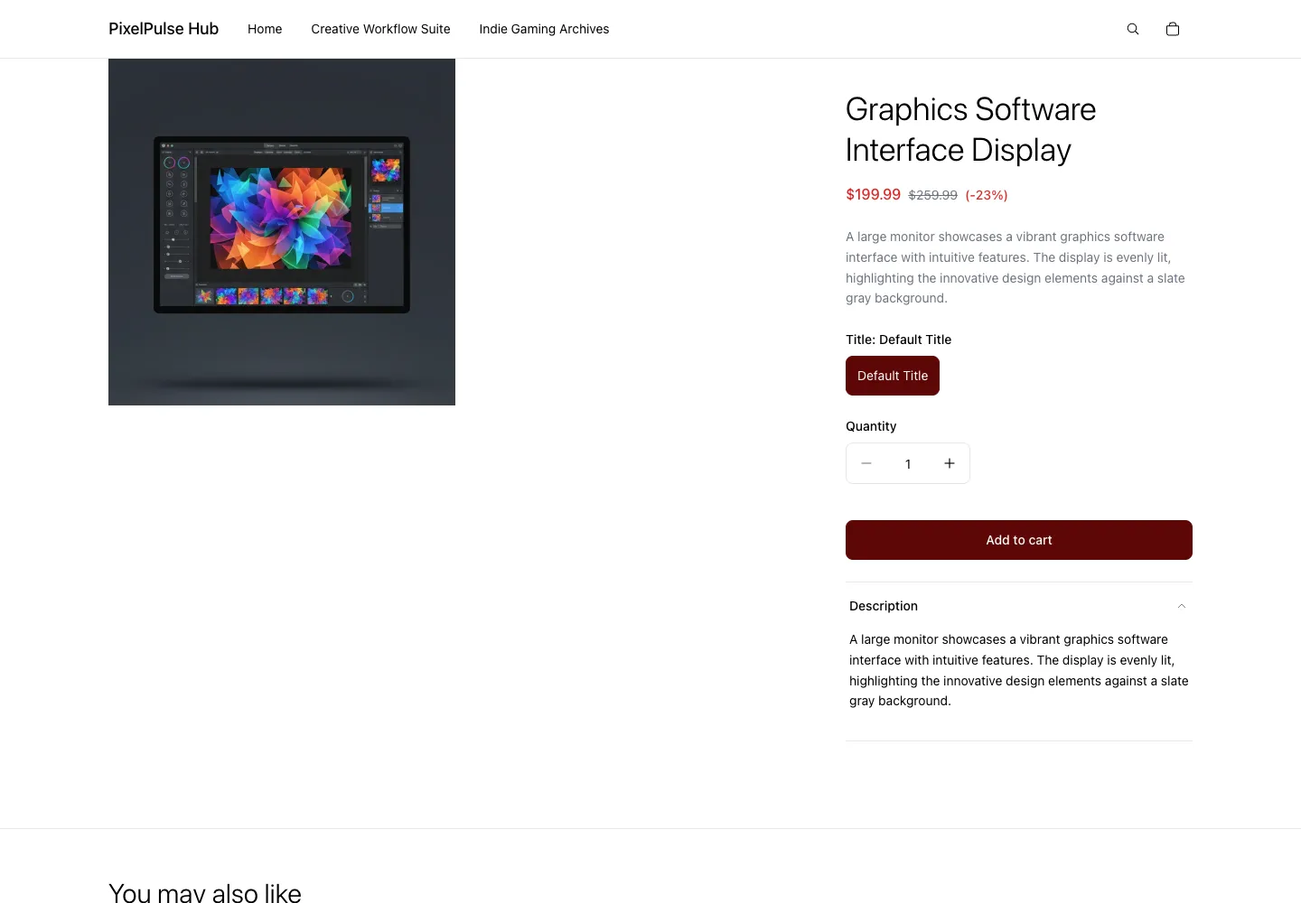 PixelPulse Hub product page for Graphics Software Interface Display showing Default Title selector, sale price $199.99, with a monitor displaying a colorful graphics application