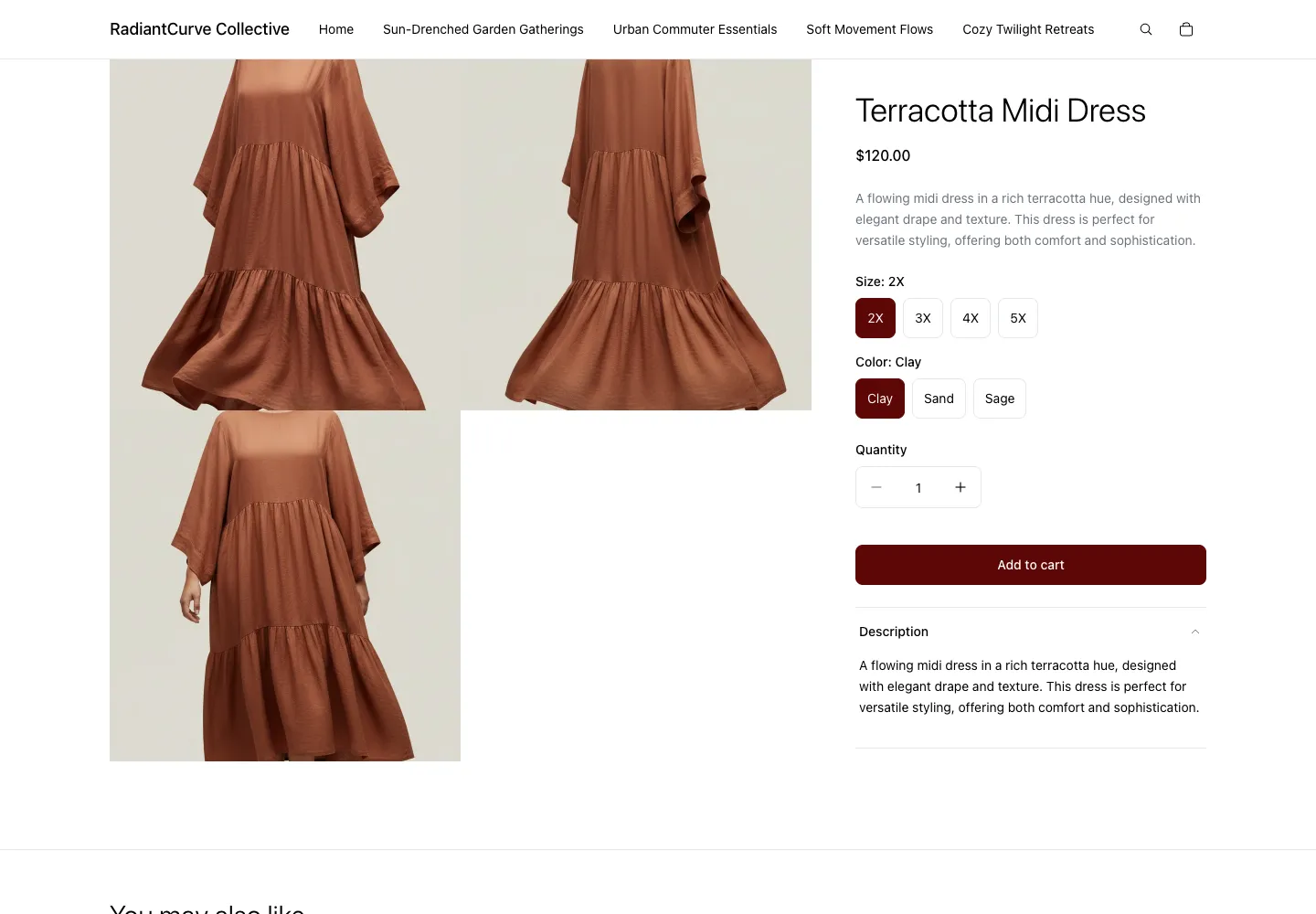 RadiantCurve Collective product page for Terracotta Midi Dress, $120, showing three dress views including a model in terracotta, with extended Size (2X–5X) and Color selectors and Add to cart button