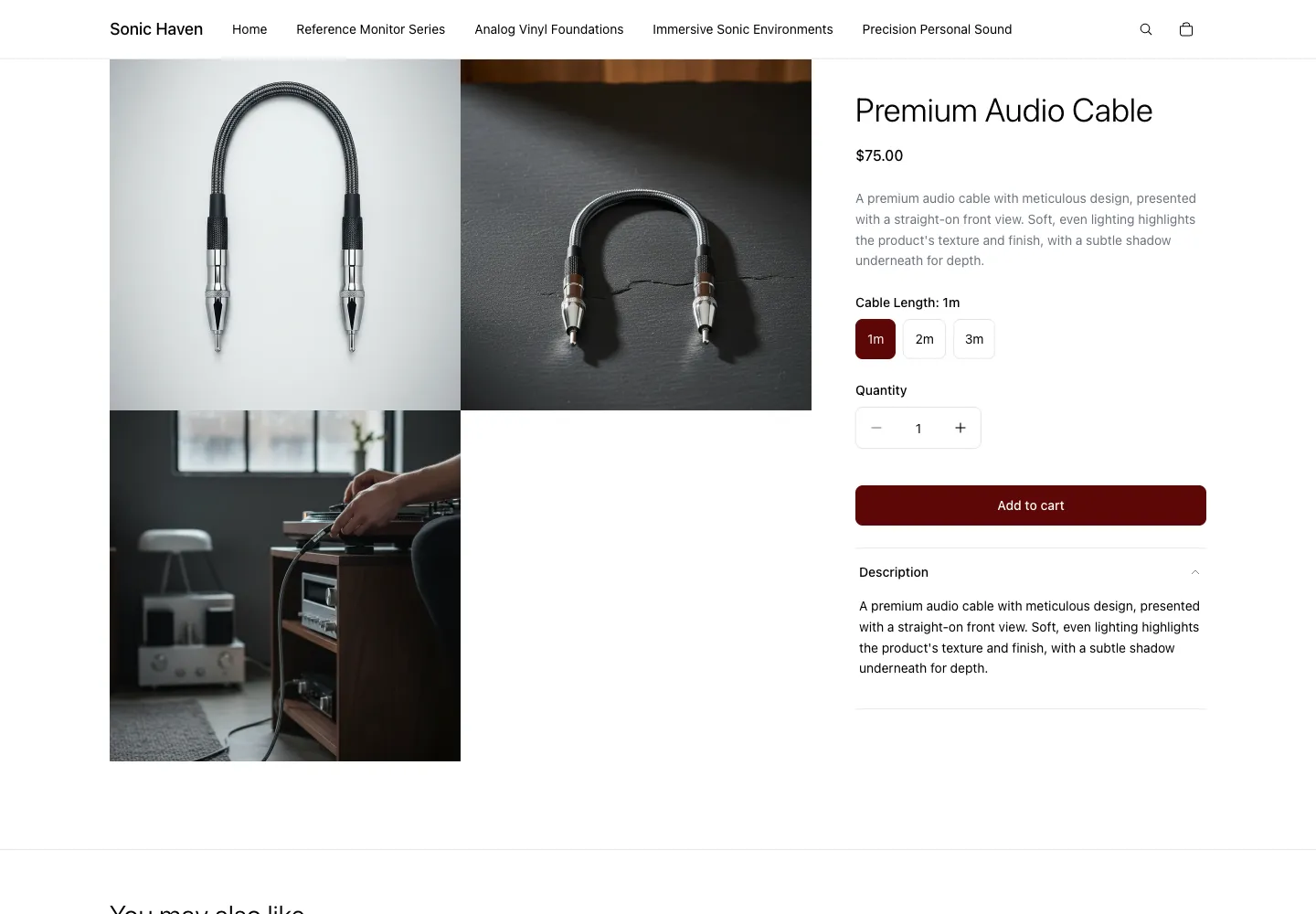 Sonic Haven’s Premium Audio Cable with product images, 1m, 2m, and 3m Cable Length options, a price, and an Add to cart button.