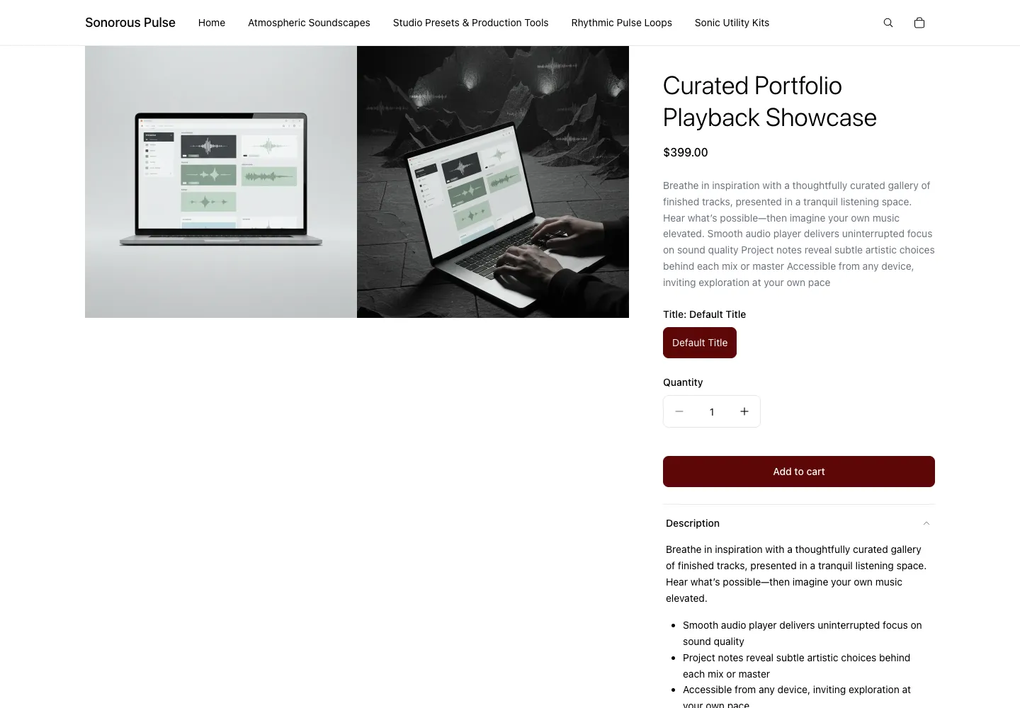 Sonorous Pulse’s Curated Portfolio Playback Showcase with two laptop product images, a $399.00 price, a Default Title option, and an Add to cart button.