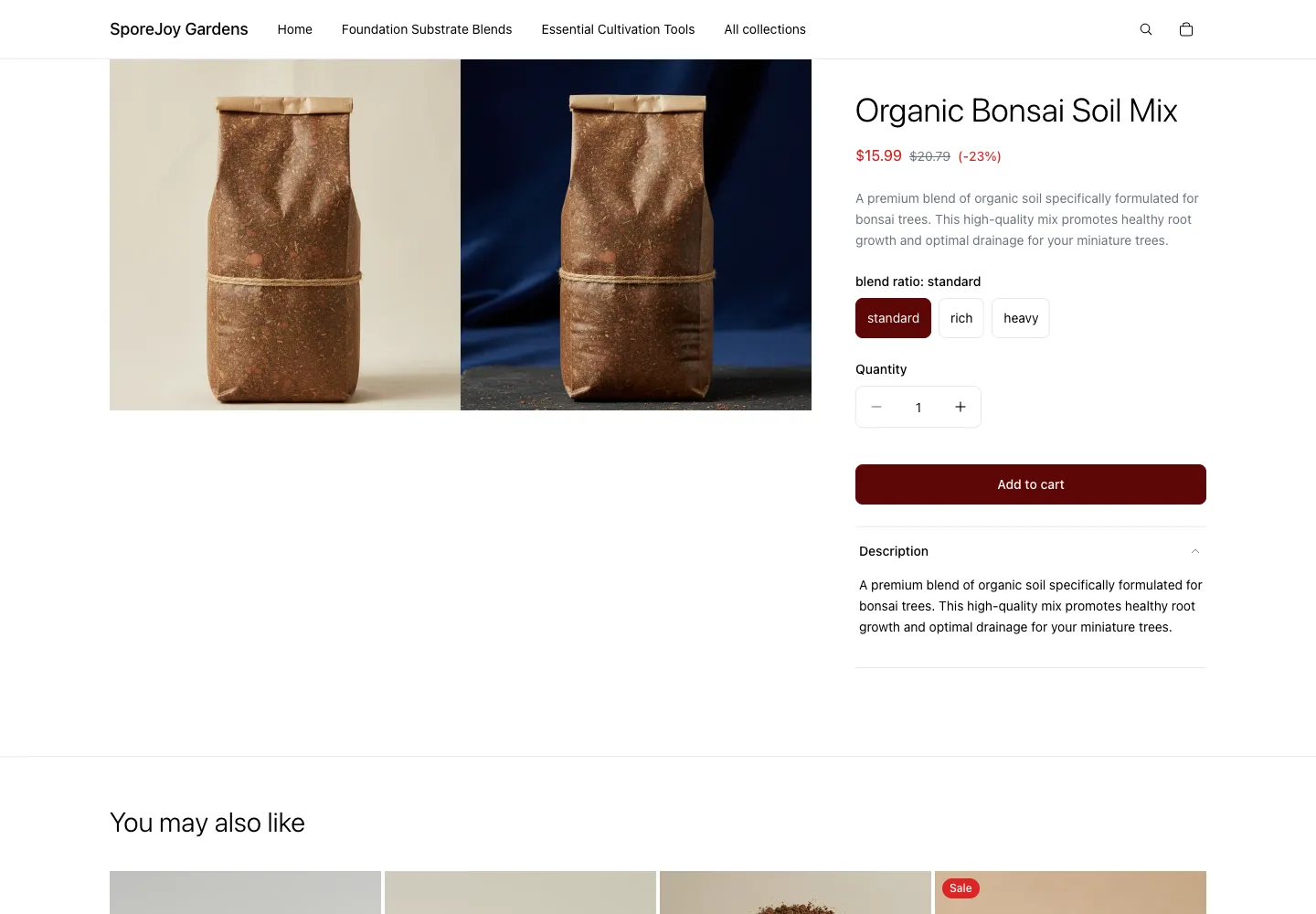 SporeJoy Gardens product page for Organic Bonsai Soil Mix showing blend ratio selector, sale price $15.99, with product images of kraft paper bags on neutral and dark blue backgrounds