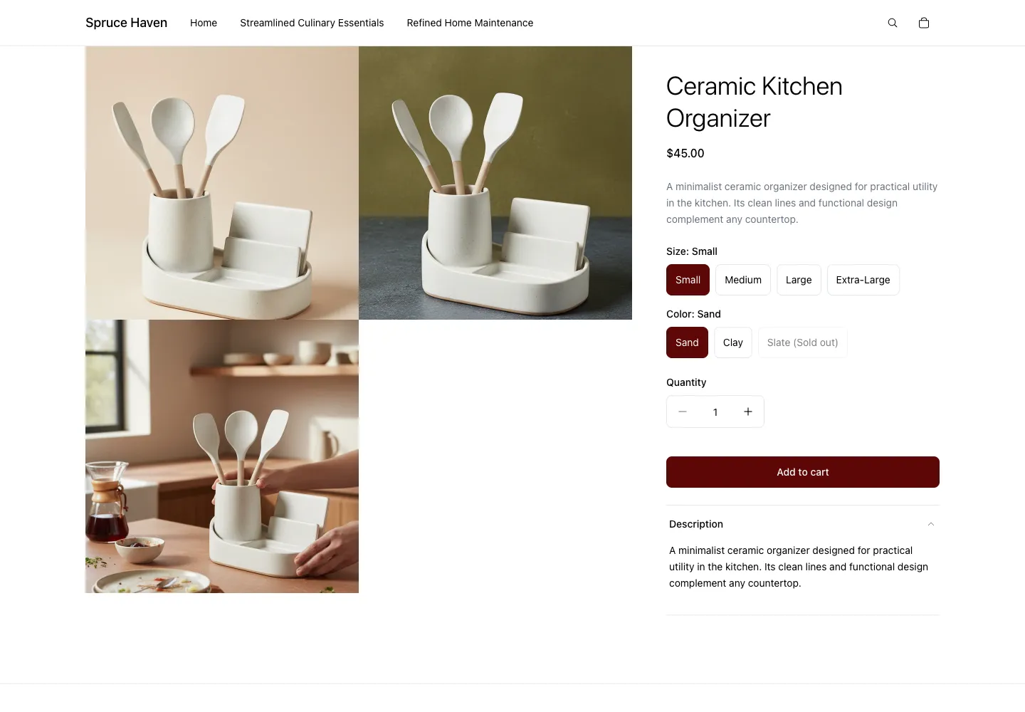 Ceramic Kitchen Organizer product page on Spruce Haven, showing white two-piece utensil holder and card-slot base in studio and countertop settings, size and color selectors