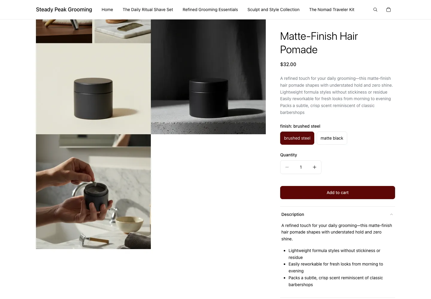 Matte-Finish Hair Pomade product page on Steady Peak Grooming, showing dark matte round jar in studio and bathroom settings, finish selector and Add to cart