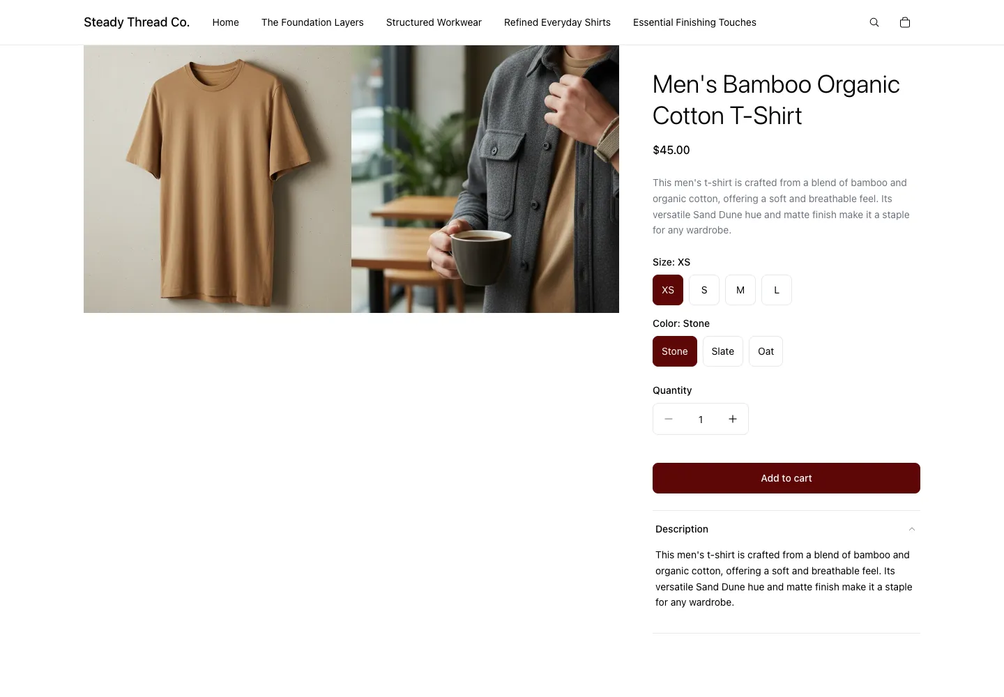 Steady Thread Co. product page for Men's Bamboo Organic Cotton T-Shirt, $45, showing a flat-lay tee and a layered-outfit lifestyle photo, with Size and Color selectors and Add to cart button