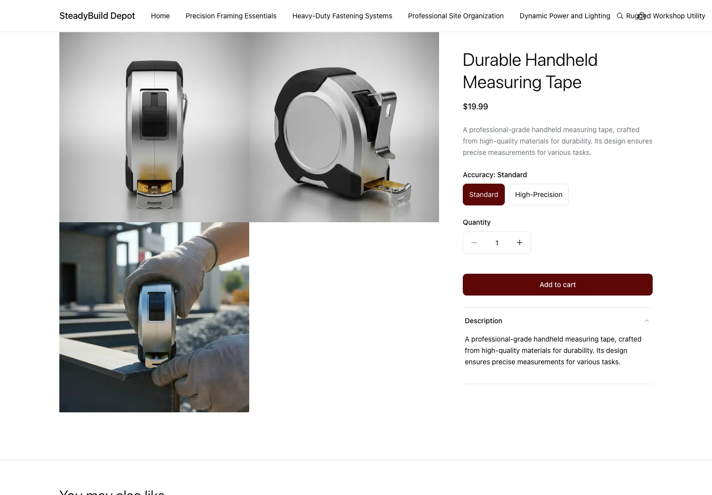 Durable Handheld Measuring Tape product page on SteadyBuild Depot, showing compact silver and black tape measure in studio and on-site settings, accuracy selector