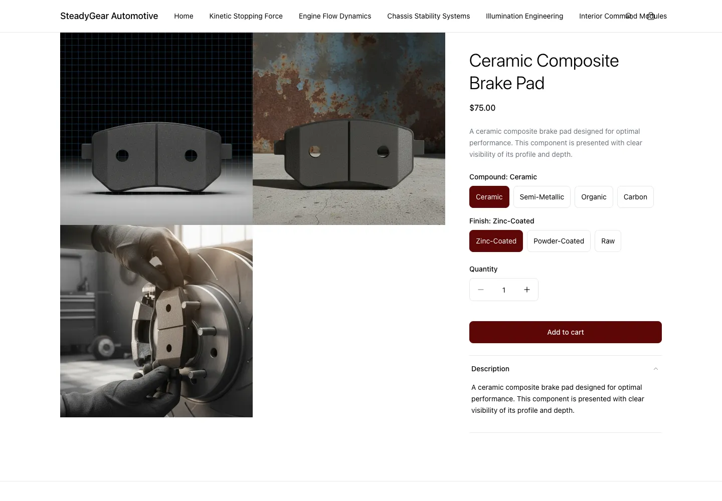 SteadyGear Automotive’s Ceramic Composite Brake Pad with product images, Compound and Finish options, a price, and an Add to cart button.