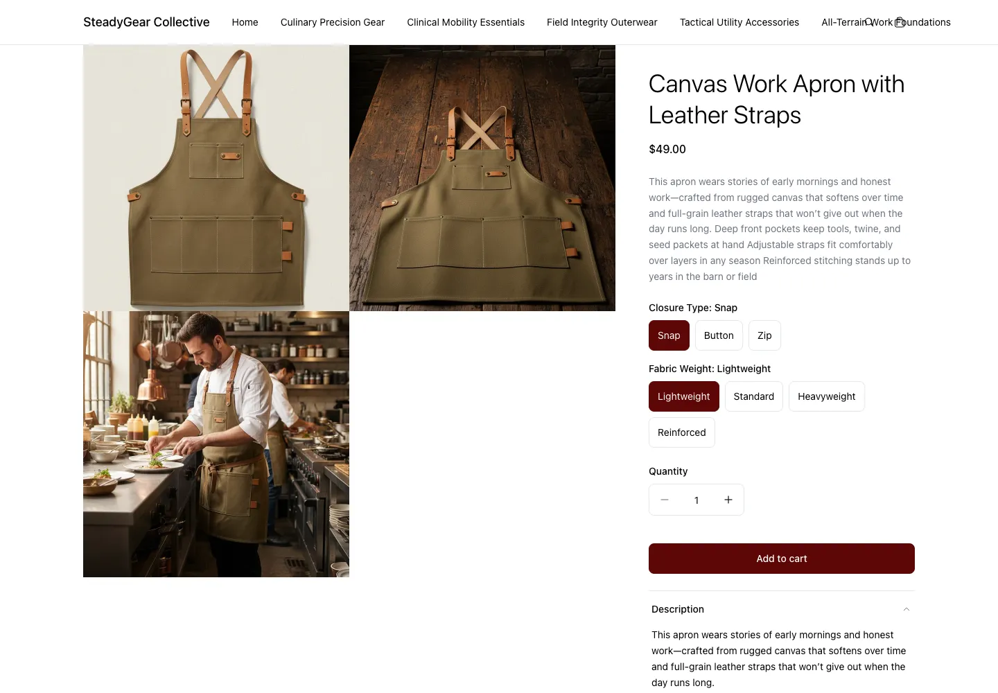 SteadyGear Collective product page for an olive canvas work apron with leather straps, $49, shown on a cream background and worn by a chef in a restaurant kitchen