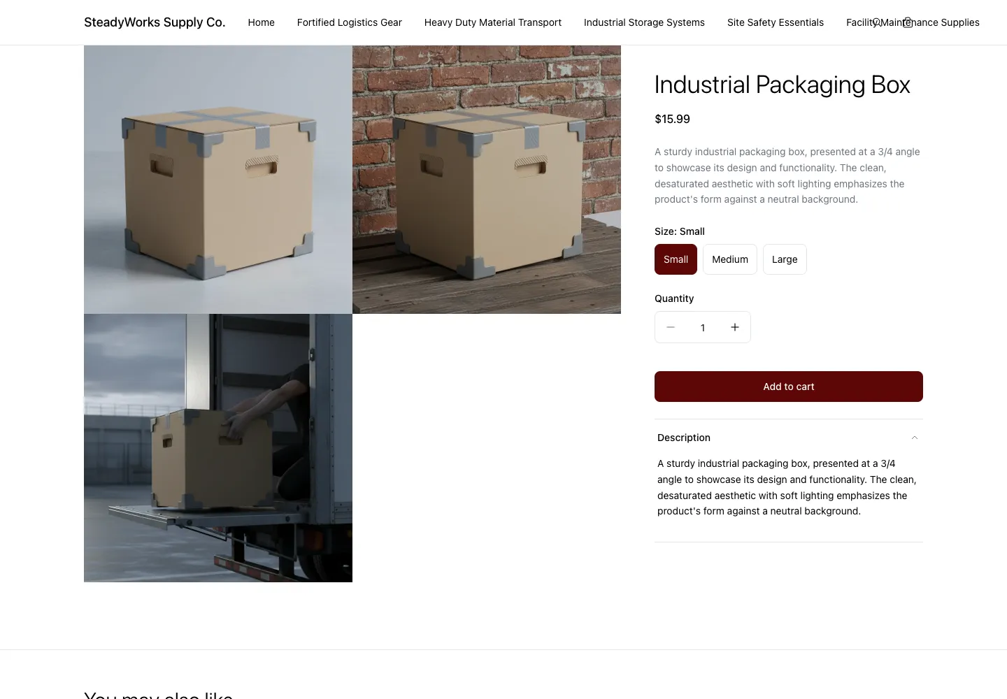Industrial Packaging Box product page on SteadyWorks Supply Co., showing corrugated box with metal corner reinforcements on studio and brick backgrounds, size selector