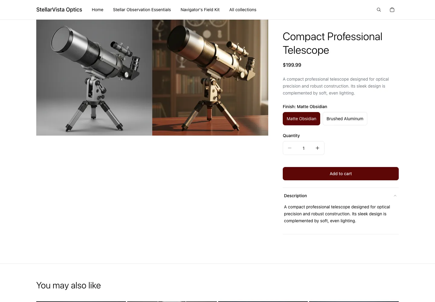 StellarVista Optics product page for Compact Professional Telescope showing finish selector, price $199.99, with telescope product images on gray and library-desk backgrounds