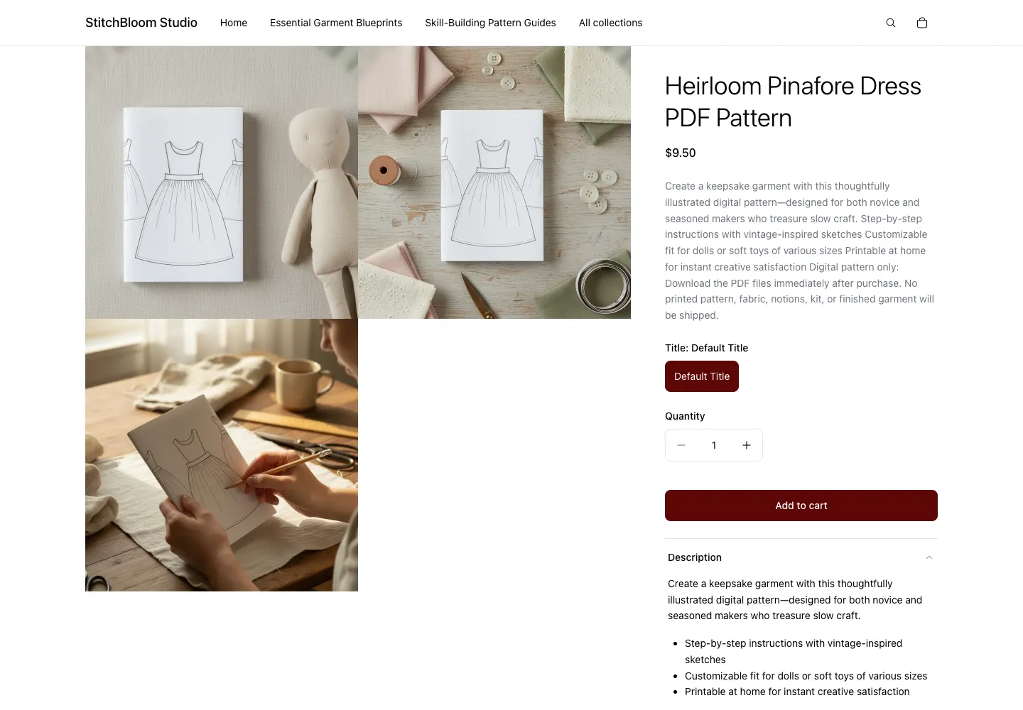 StitchBloom Studio product page for Heirloom Pinafore Dress PDF Pattern showing Default Title selector, price $9.50, with pattern sheet and sewing lifestyle images