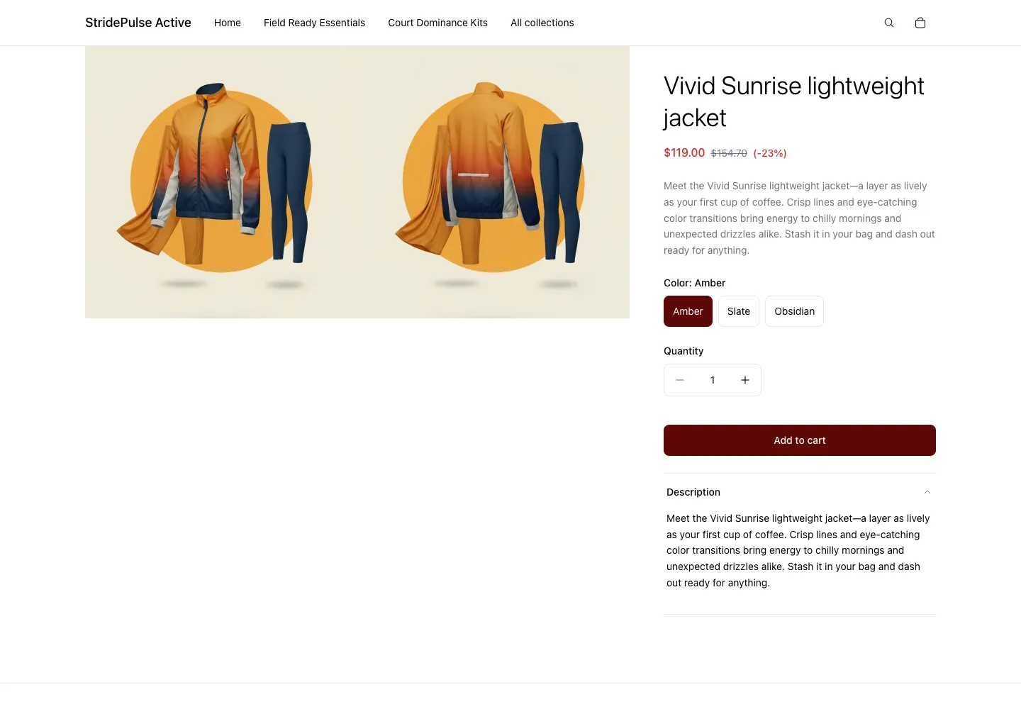 StridePulse Active product page for Vivid Sunrise lightweight jacket showing color selector, sale price $119.00, with product images of an orange-gradient athletic jacket