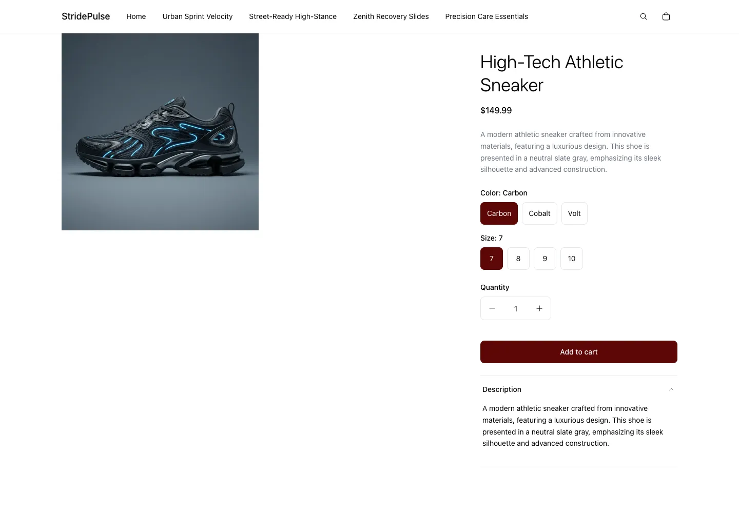 StridePulse product detail page showing a black athletic sneaker with neon blue accent lines, priced at $149.99, with color and size selectors