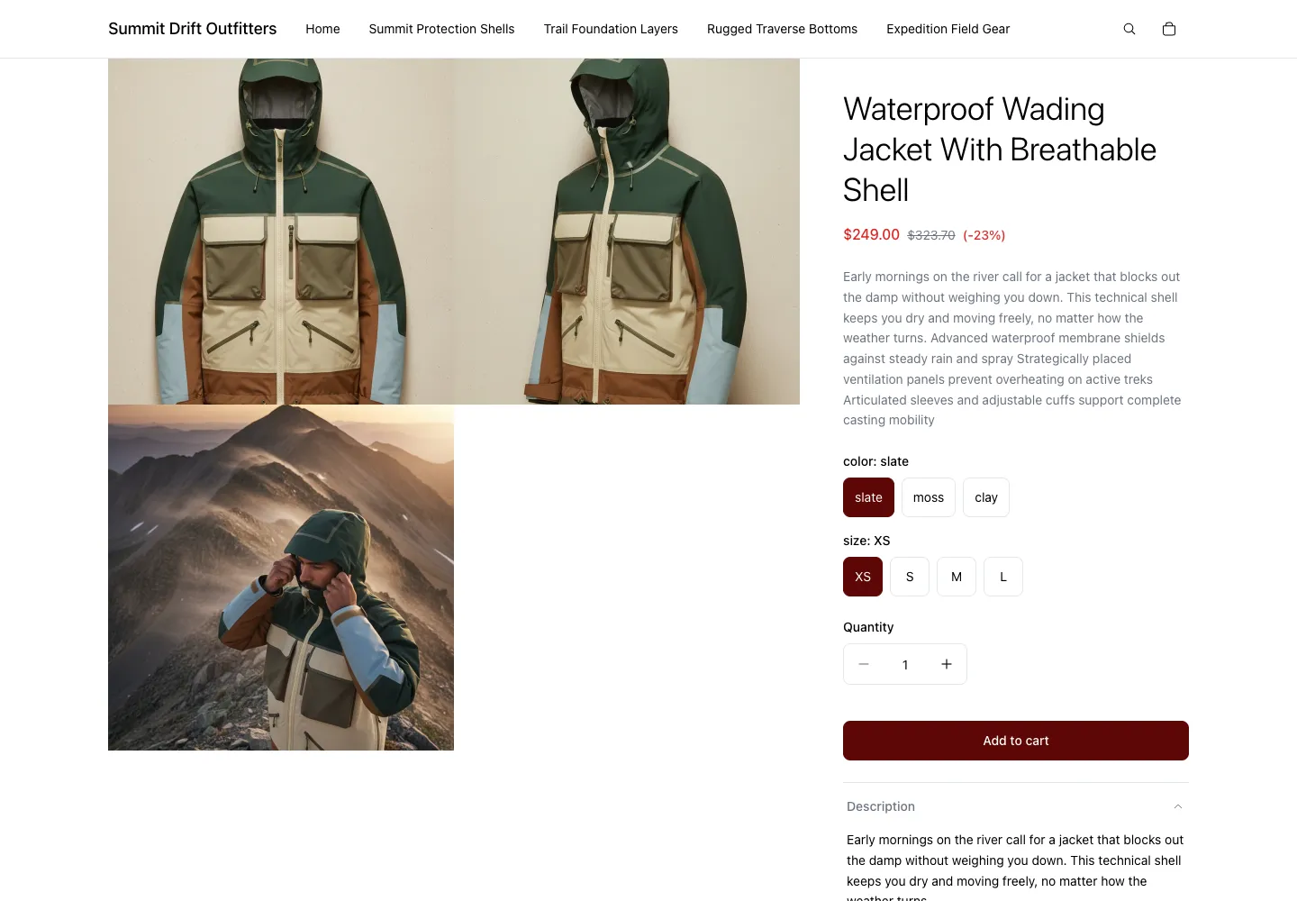 Summit Drift Outfitters product page for Waterproof Wading Jacket With Breathable Shell, on sale for $249 (was $323.70), showing two technical jacket views and a mountaineering lifestyle photo, with color and size selectors and Add to cart button