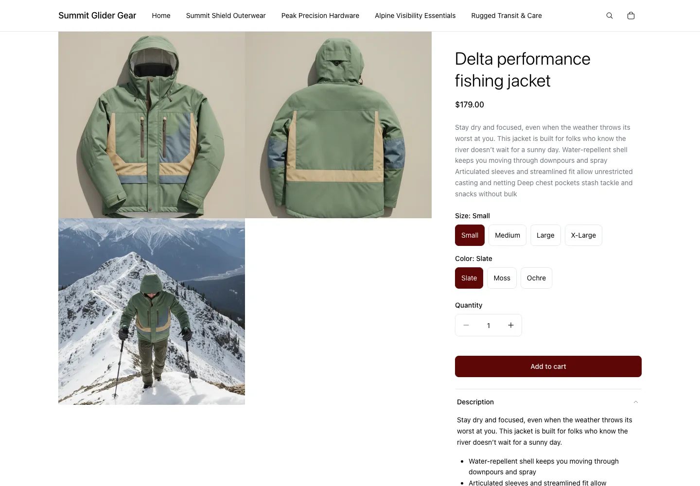 Summit Glider Gear product page for a sage green Delta performance fishing jacket, $179, with front and back views and a person wearing it on a snowy mountain ridge