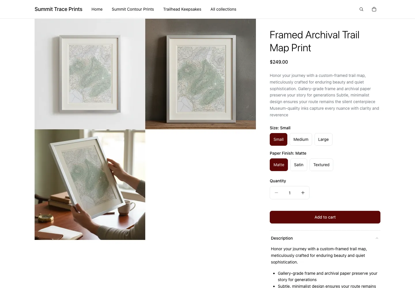 Summit Trace Prints product page for Framed Archival Trail Map Print showing size and paper finish selectors, price $249.00, with framed topographic map print images