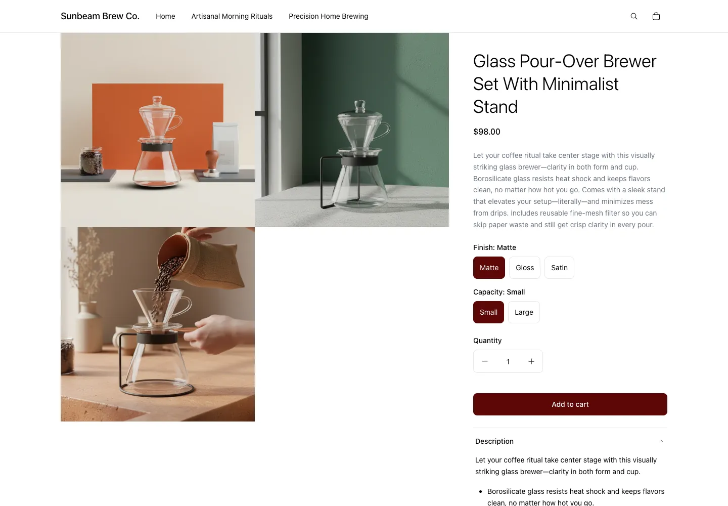 Sunbeam Brew Co.’s glass pour-over brewer with product images, Finish and Capacity options, a price, and an Add to cart button.