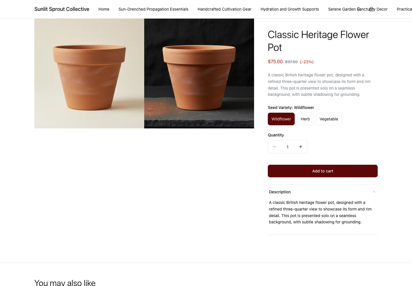 Classic Heritage Flower Pot product page on Sunlit Sprout Collective, showing terracotta pot on contrasting backgrounds, Seed Variety selector, $75 sale price with compare-at