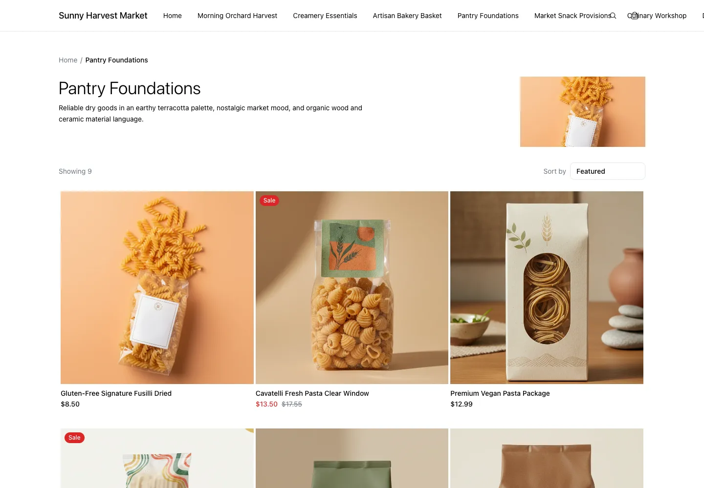 Sunny Harvest Market's Pantry Foundations collection with product cards, sorting, sale badges, and compare-at prices.