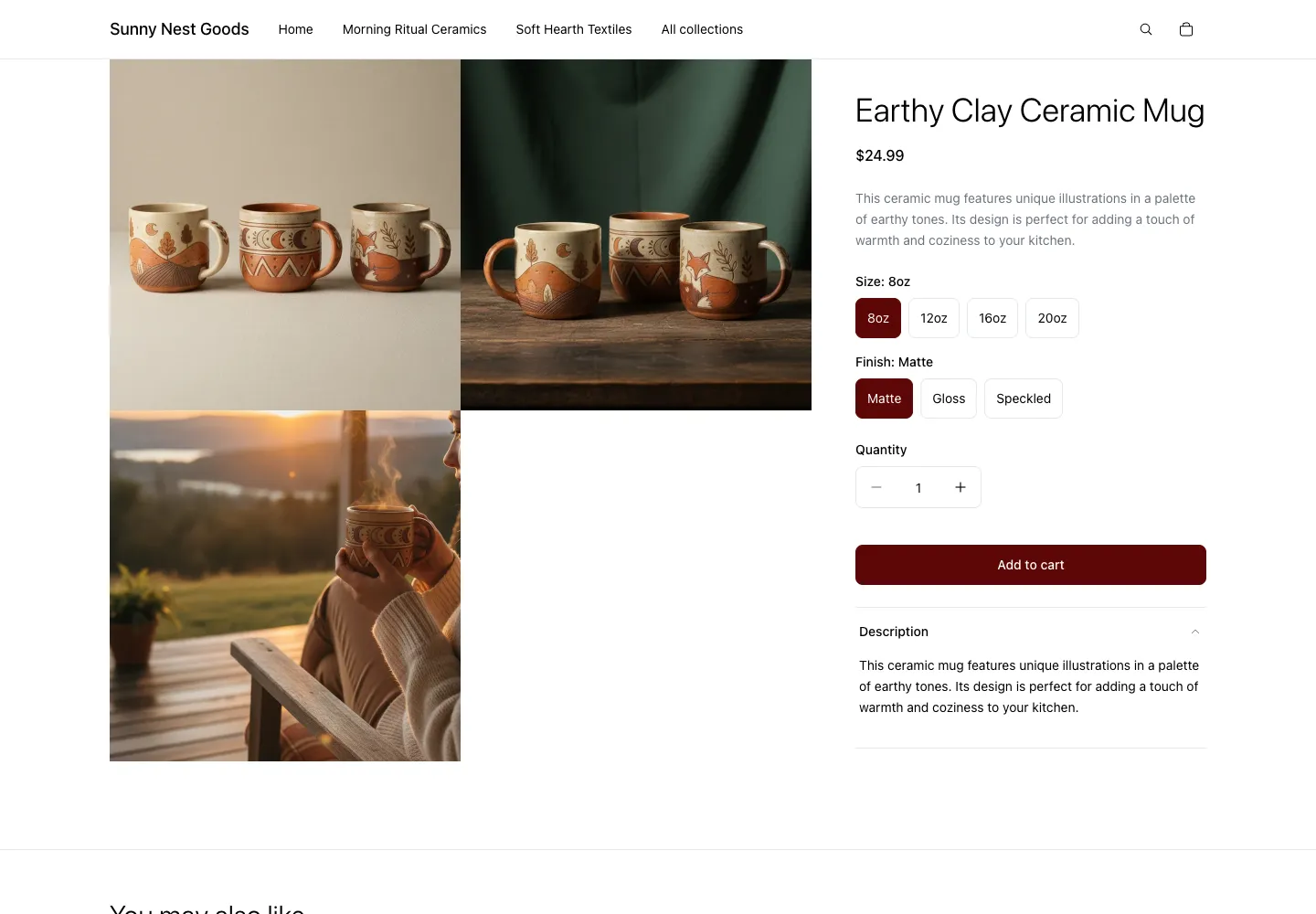 Sunny Nest Goods product page for Earthy Clay Ceramic Mug showing size and finish selectors, price $24.99, with ceramic mug product and lifestyle images