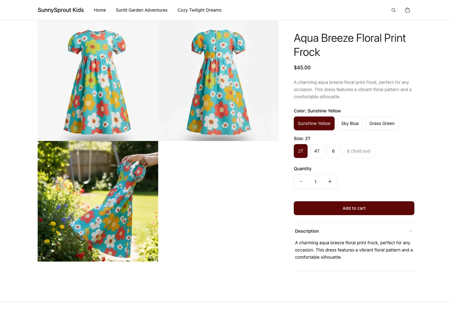 Aqua Breeze Floral Print Frock product page on SunnySprout Kids, showing teal children's dress with bold multicolor floral print, color and size selectors with sold-out state