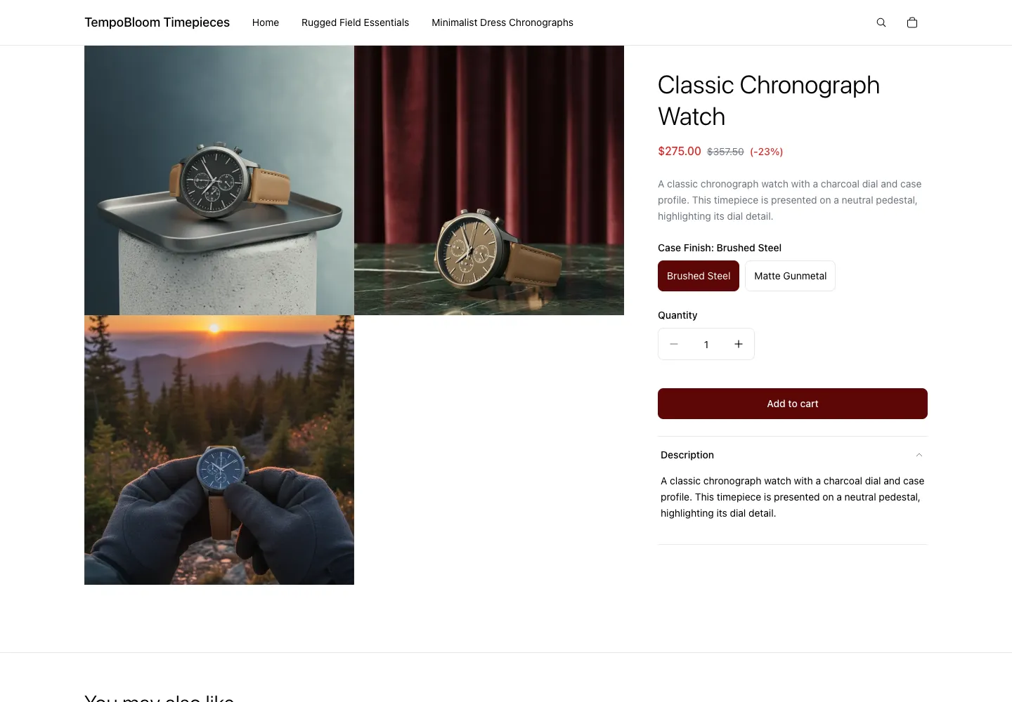 TempoBloom Timepieces product page for a classic chronograph watch with charcoal dial and tan leather strap, on sale for $275, with studio and mountain sunset lifestyle photos