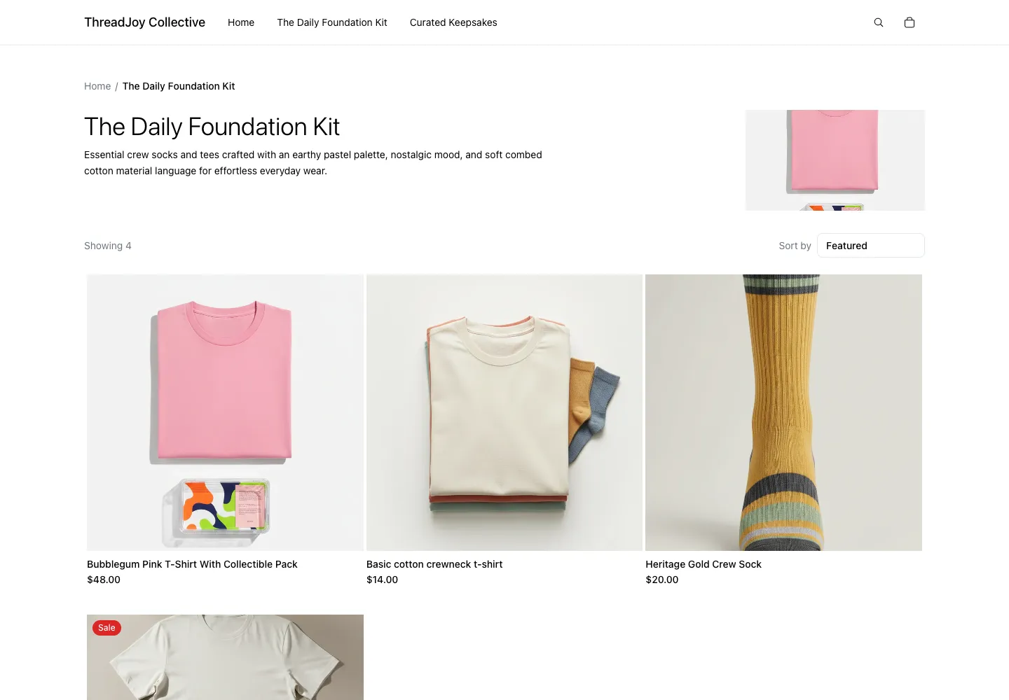 ThreadJoy Collective's Daily Foundation Kit collection with T-shirt and crew-sock product cards, prices, and sorting.