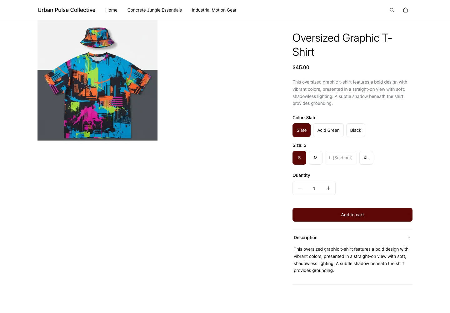 Urban Pulse Collective product page for Oversized Graphic T-Shirt showing color and size selectors with L size sold out, price $45.00, with a multicolor urban graphic tee product image