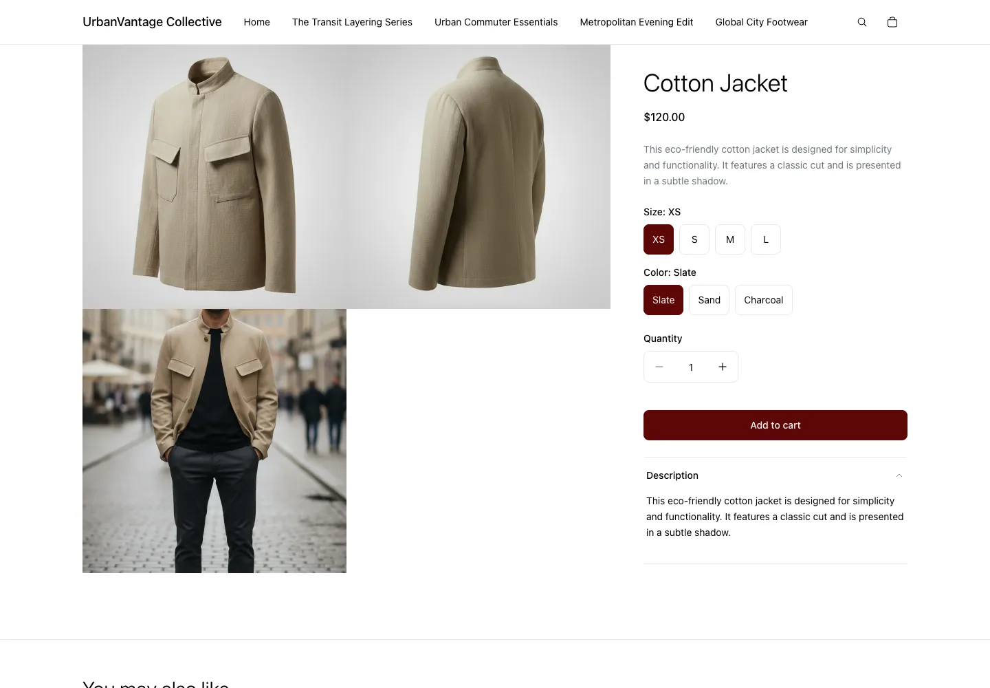 UrbanVantage Collective product page for Cotton Jacket, $120, showing front and back jacket views and a street-scene lifestyle photo, with Size and Color selectors and Add to cart button