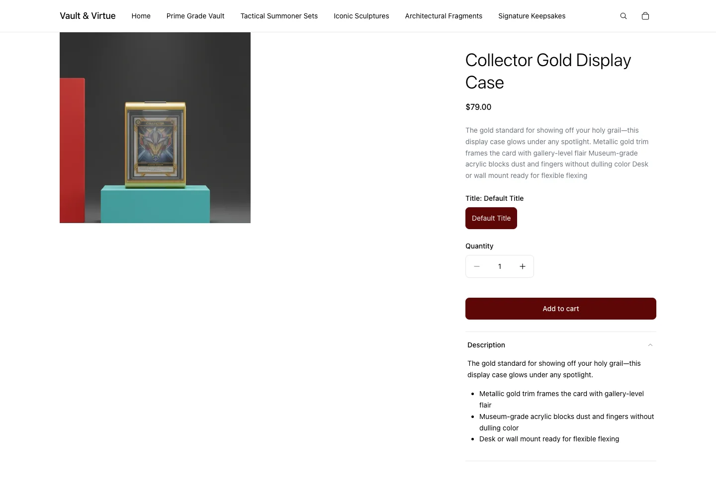 Vault & Virtue's Collector Gold Display Case product page with a product image, USD 79.00 price, and an Add to cart button.