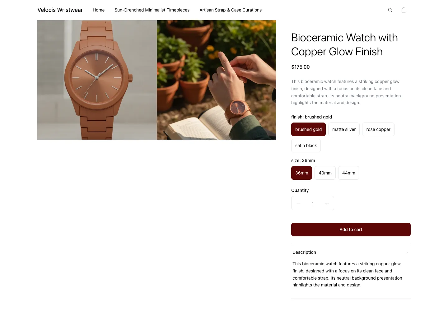 Velocis Wristwear product page for Bioceramic Watch with Copper Glow Finish showing finish and size selectors, price $175.00, with studio and wrist-wear images of a copper-tone watch