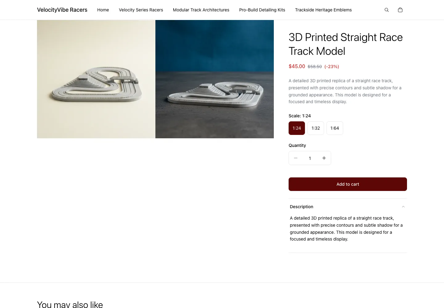 VelocityVibe Racers’ 3D Printed Straight Race Track Model with two product images, three Scale options, and current and compare-at prices.