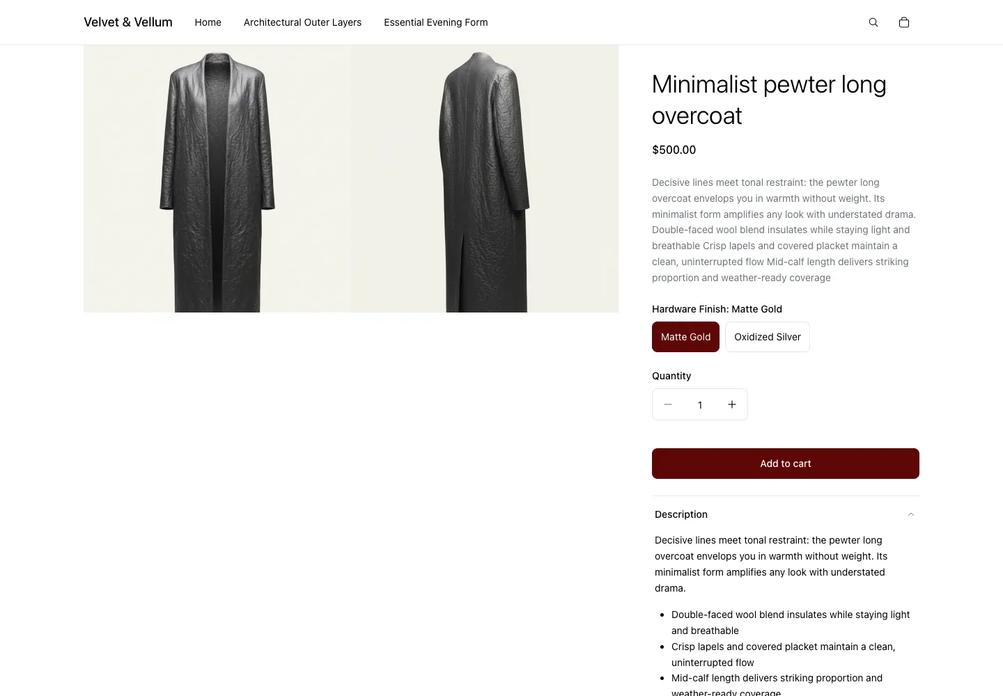 Velvet & Vellum product page for Minimalist pewter long overcoat, $500, showing front and back overcoat views, with a Hardware Finish selector (Matte Gold/Oxidized Silver) and Add to cart button