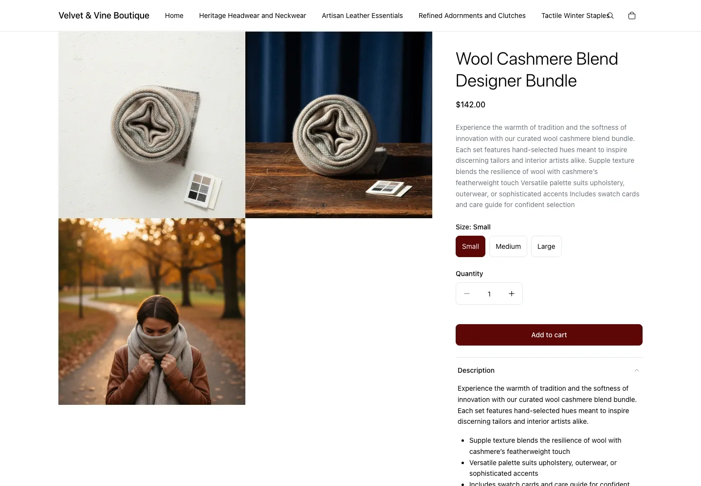 Velvet & Vine Boutique product page for Wool Cashmere Blend Designer Bundle, $142, showing rolled wool swatch images with color cards and an autumn park lifestyle photo, Size selector with Small selected, and Add to cart button