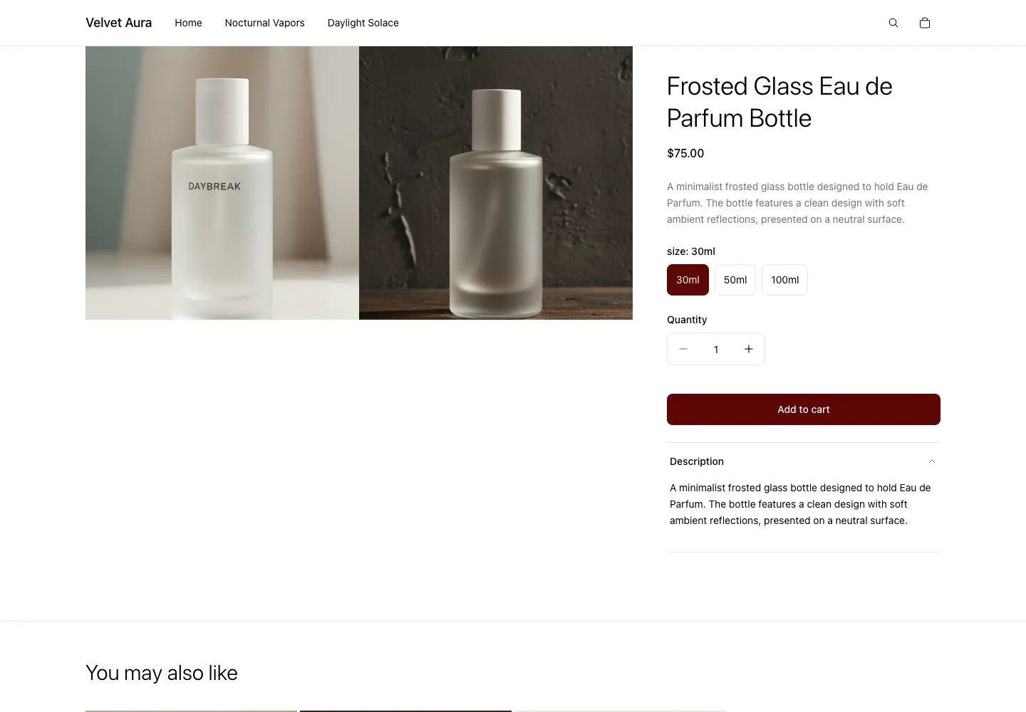 Velvet Aura’s Frosted Glass Eau de Parfum Bottle with two product images, a lowercase size label, 30ml, 50ml, and 100ml options, and an Add to cart button.