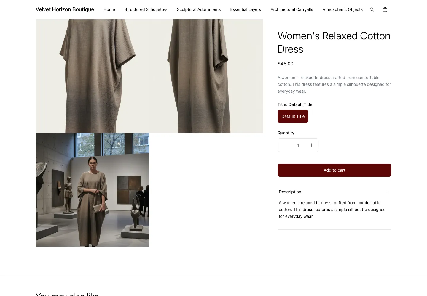 Velvet Horizon Boutique product page for Women's Relaxed Cotton Dress, $45, showing two draped-dress views and a gallery lifestyle photo, single variant selector, and Add to cart button