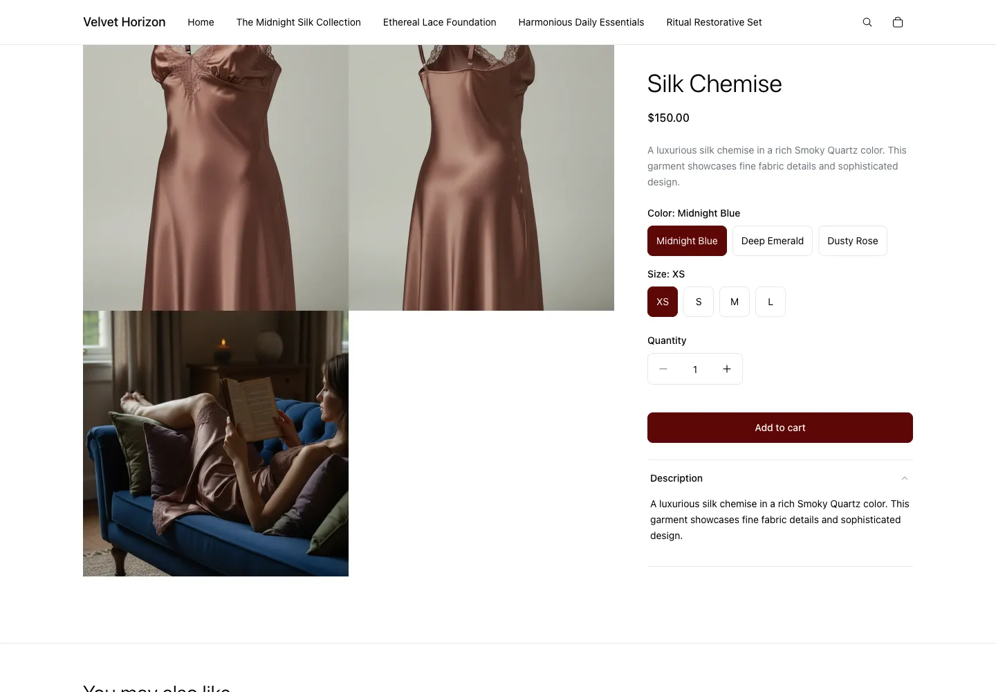 Velvet Horizon product page for Silk Chemise, $150, showing two silk garment views and a lounge lifestyle photo, with Color and Size selectors and Add to cart button
