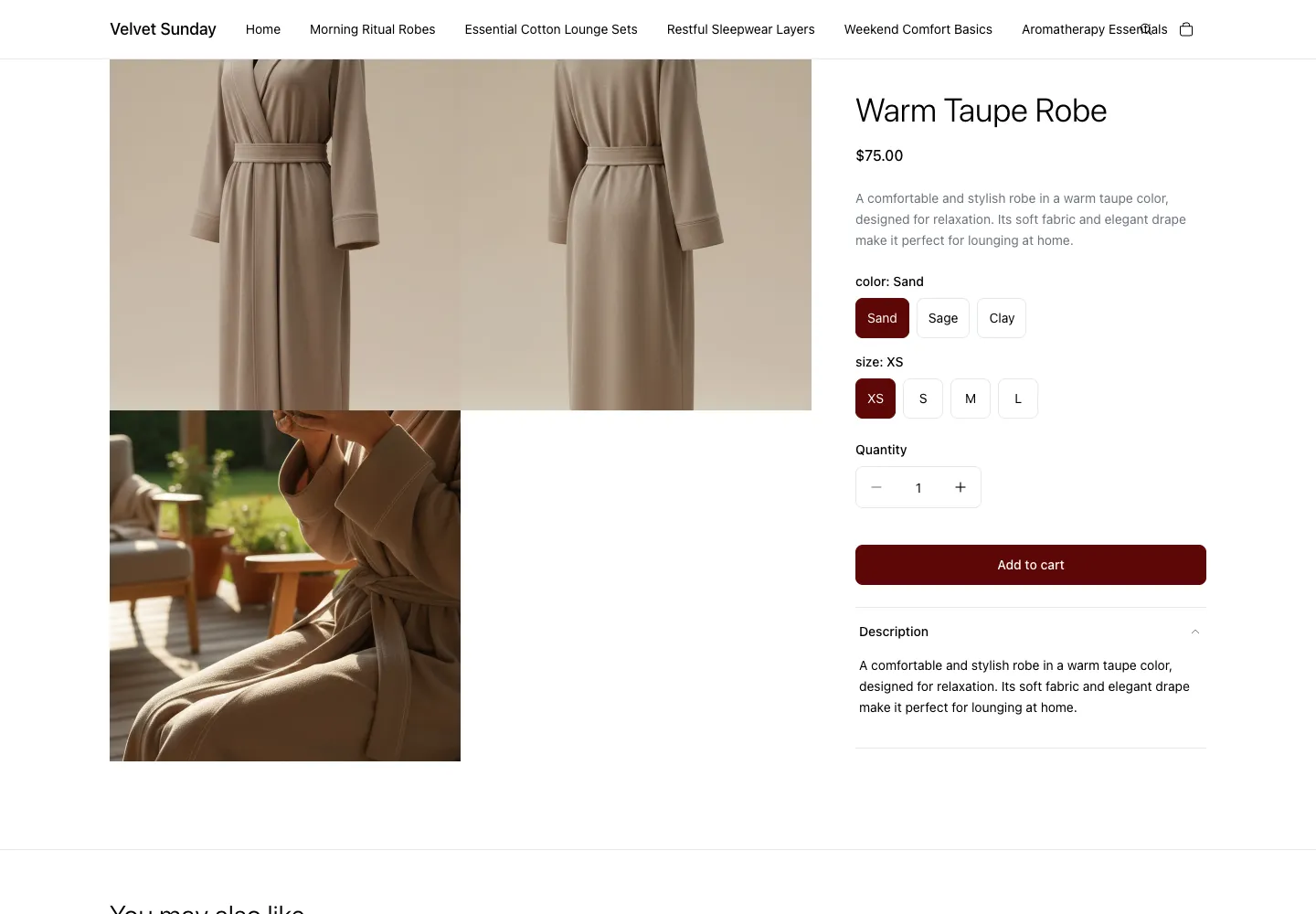 Velvet Sunday product page for Warm Taupe Robe, $75, showing two robe views and an outdoor patio lounging lifestyle photo, with color and size selectors and Add to cart button