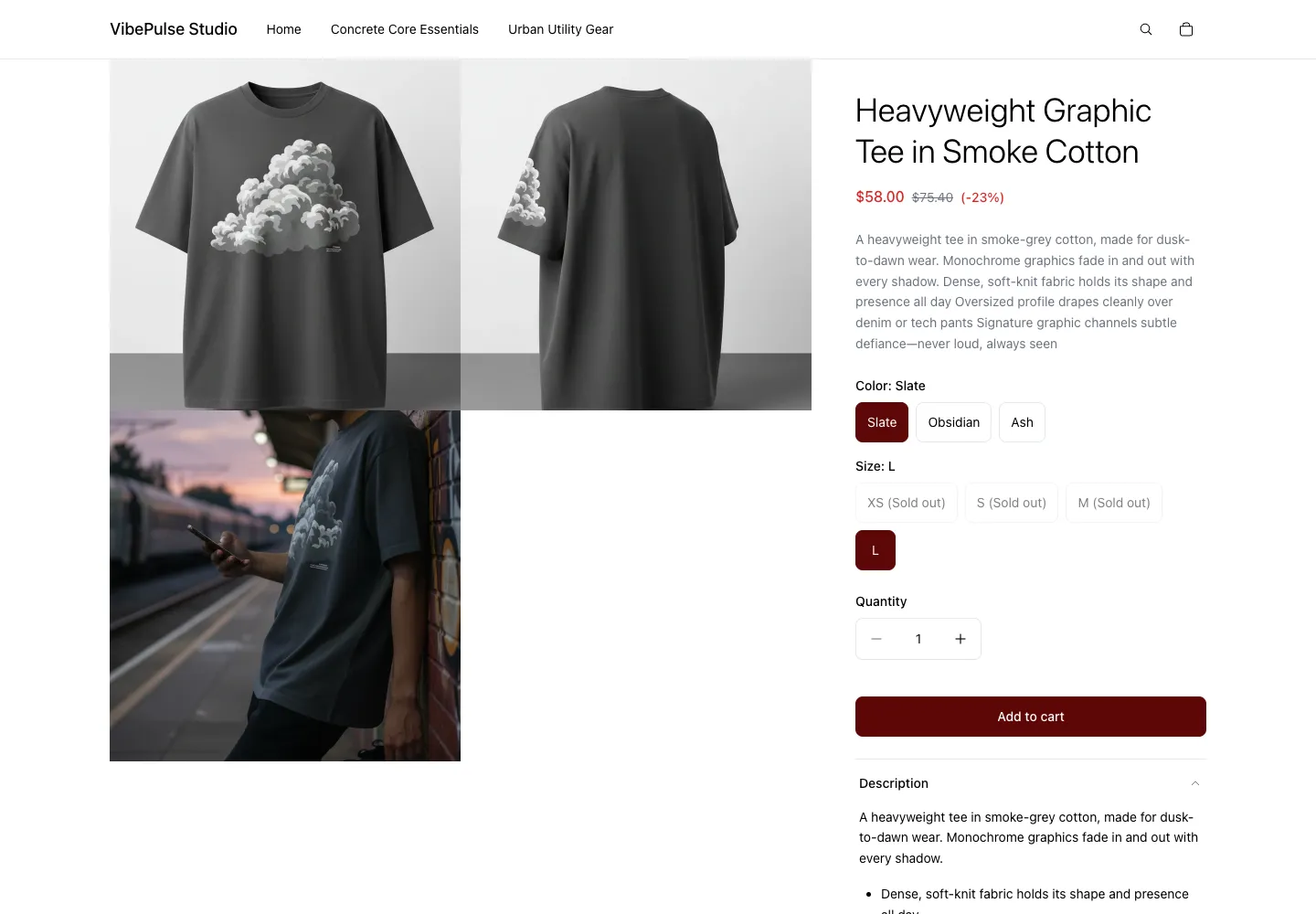 VibePulse Studio product page for a smoke-gray heavyweight graphic tee with cloud print, on sale for $58, including a lifestyle photo at a train station at dusk
