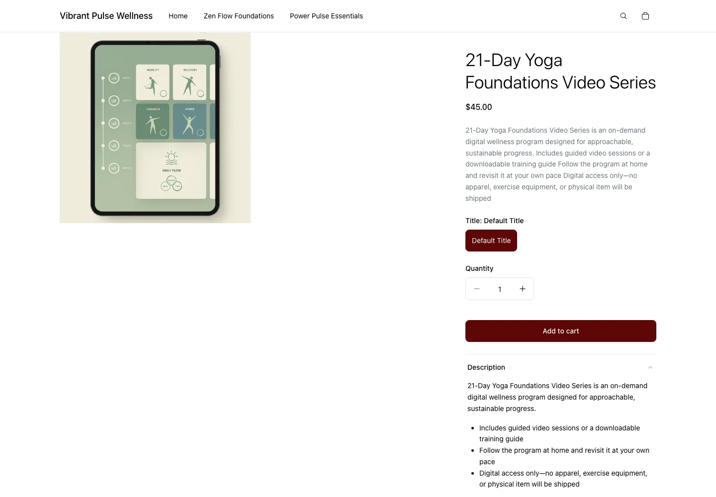 Vibrant Pulse Wellness product page for 21-Day Yoga Foundations Video Series showing Default Title selector, price $45.00, with a tablet showing a structured digital wellness program interface
