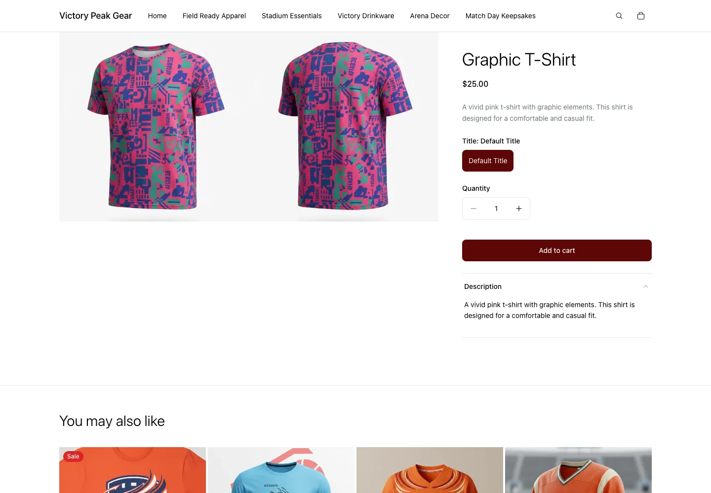 Victory Peak Gear product detail page showing a pink graphic T-shirt with colorful abstract all-over print, priced at $25