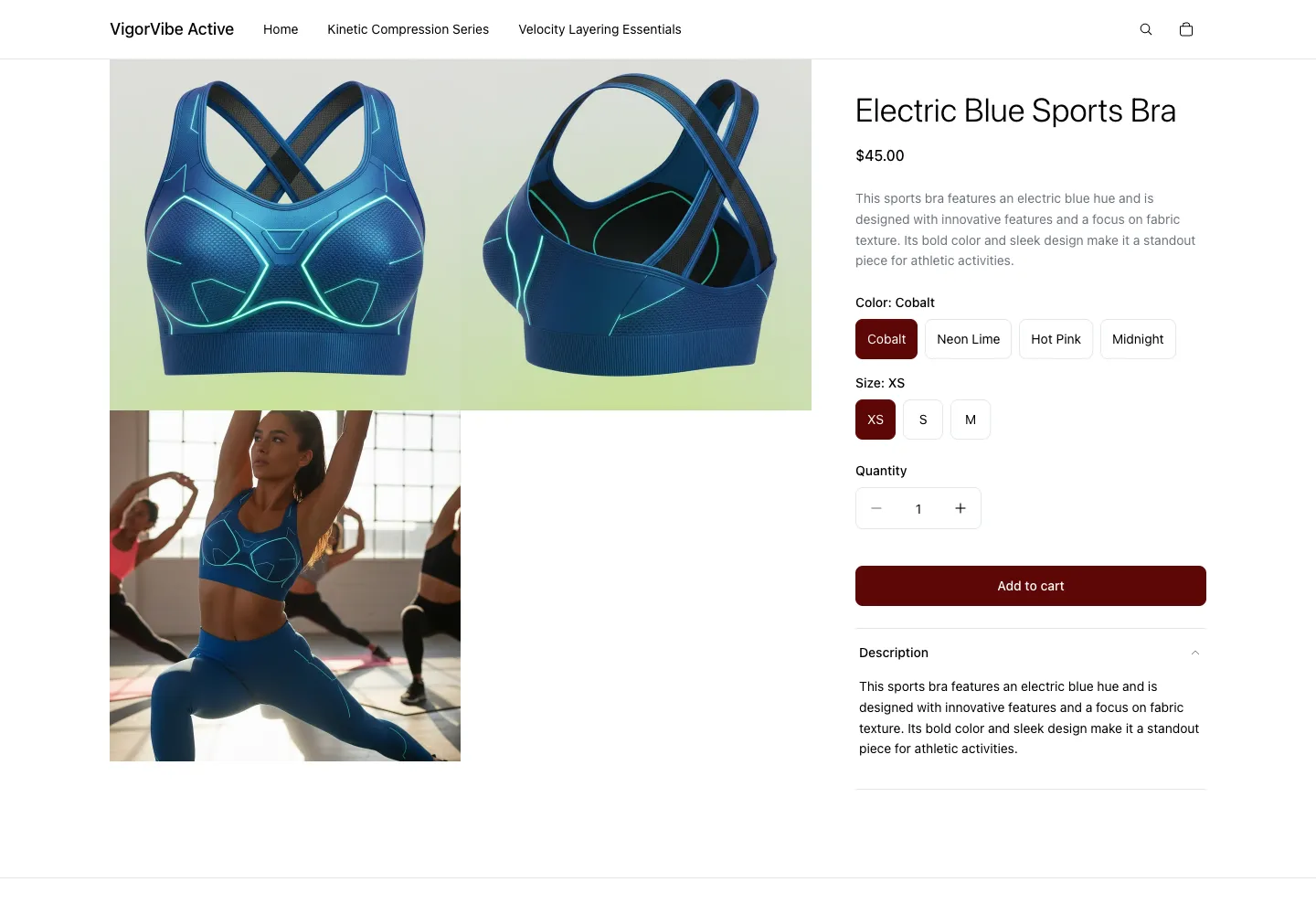 VigorVibe Active product page for Electric Blue Sports Bra, $45, showing front and back product views and a dance studio lifestyle photo, with Color and Size selectors and Add to cart button