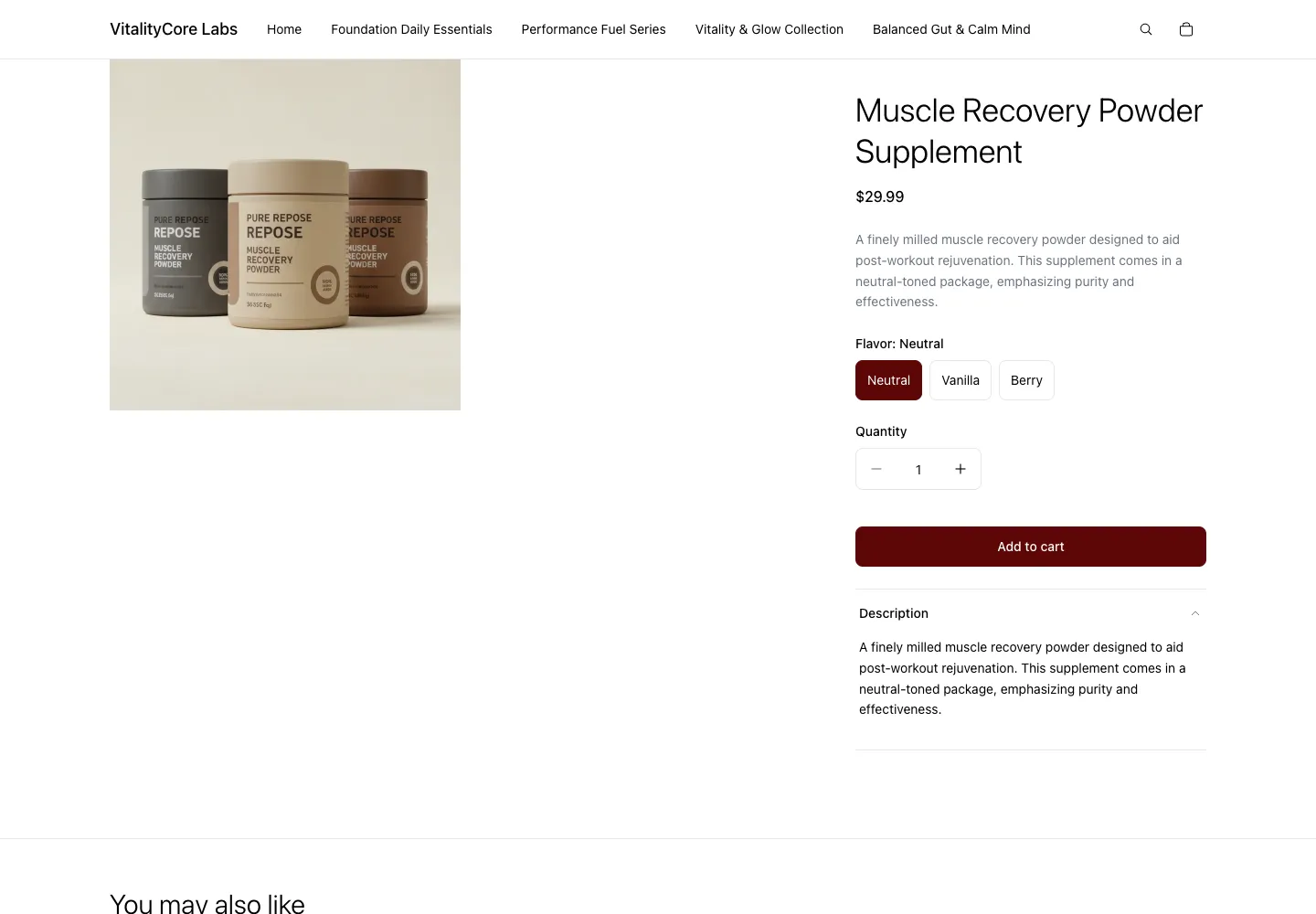 VitalityCore Labs’ Muscle Recovery Powder Supplement product page with one image of three containers, flavor selectors, a $29.99 price, and an Add to cart button.