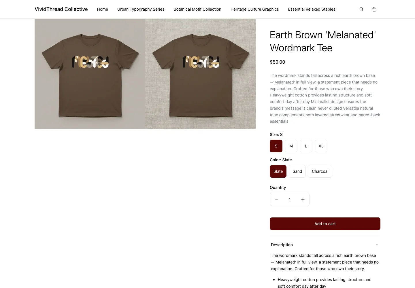 VividThread Collective product page for Earth Brown 'Melanated' Wordmark Tee, $50, showing two tee views with the Melanated wordmark graphic, with Size and Color selectors and Add to cart button
